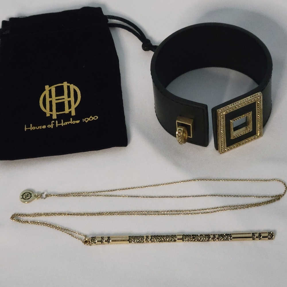 House of Harlow 1960 Black and Gold Leather Bracelet and Necklace Set